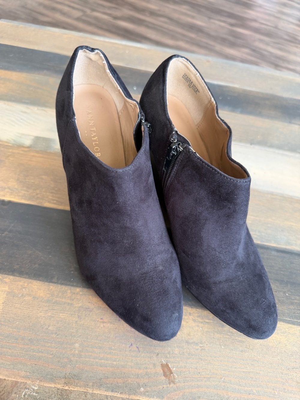 Ann Taylor Black Suede Pointed Toe Booties with Side Zip